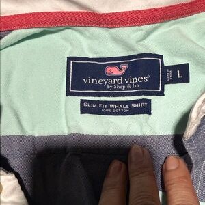 Vineyard Vines Mint & Navy Shirt with Pink Trim